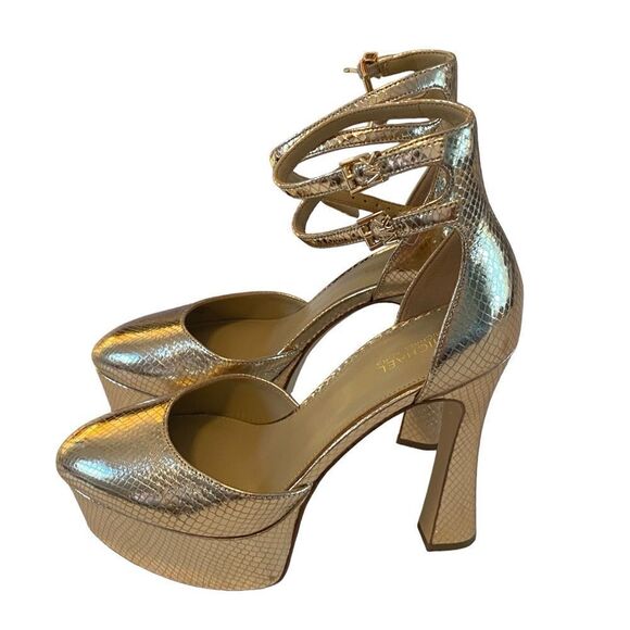 Michael Kors Sexy Gold Tone Round Toe Dual Ankle Strap Stilettos in Size 6.5 - Picture 1 of 9